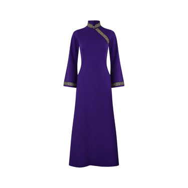 ARCHIVE - 1970s Sylvan Purple Jersey Mughal Collared Lame Trim Dress