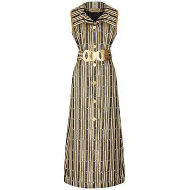 ARCHIVE - 1970s Aled Couture Gold Black and Silver Lame Dress with Oversized Belt