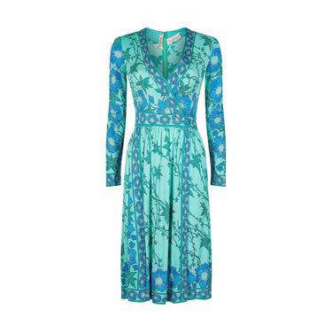ARCHIVE - 1970s Emilio Pucci Turquoise Printed Silk Jersey Dress With Cross Over Bodice