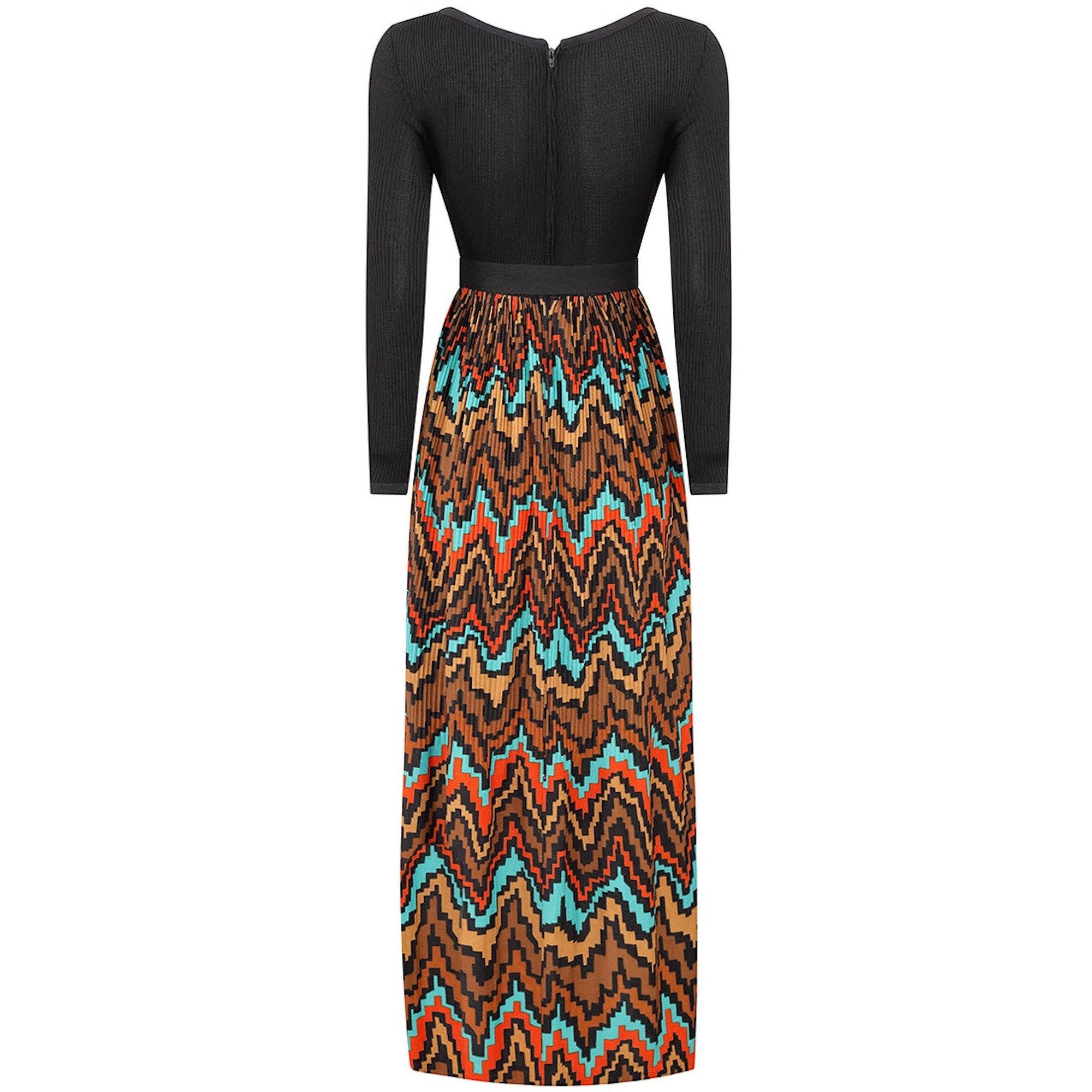 1970s Frank Usher Ribbed Jersey Maxi Dress With Aztec Print Skirt and Belt Tie