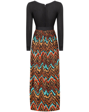 1970s Frank Usher Ribbed Jersey Maxi Dress With Aztec Print Skirt and Belt Tie