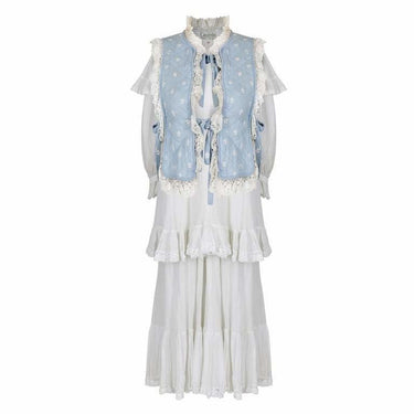 ARCHIVE - 1970s Gina Fratini Blue & White Lace and Cotton Dress and Gilet Set