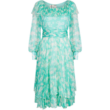 1970s Harry Algo Printed Green & White Silk Chiffon Dress With Ruffle Neckline