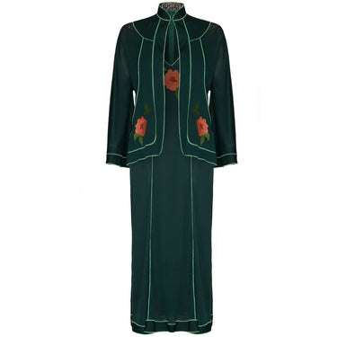 ARCHIVE - 1970s Lesley Sandra Green Jersey and Leather Dress and Jacket