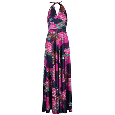 ARCHIVE - 1970s Navy and Pink Geometric Print Halterneck Dress