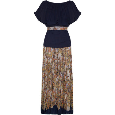 1970s Elissa Pleated Cotton Maxi Skirt and Navy Top Set