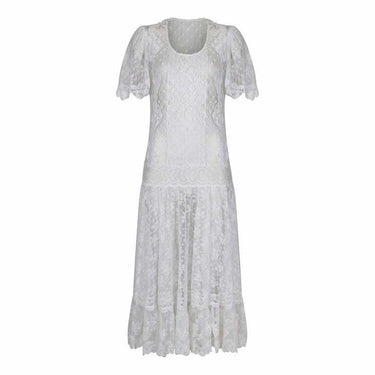 1970s Swiss Dot and Chantilly Lace Dropped Waist Dress