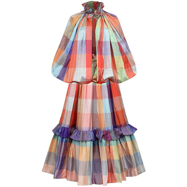 ARCHIVE - 1970s Unknown Couture Colourful Silk Checked Skirt and Cape Ensemble