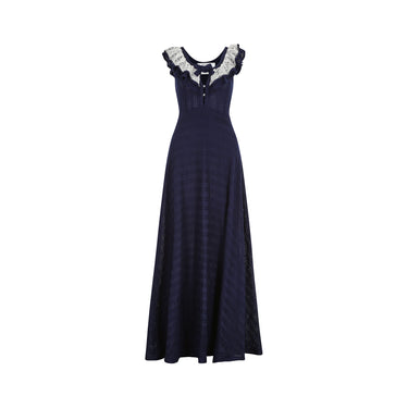 ARCHIVE: 1970s Doree Leventhal Navy and White Knitted Maxi Dress