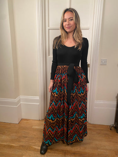 ARCHIVE - 1970s Frank Usher Ribbed Jersey Maxi Dress With Aztec Print Skirt and Belt Tie
