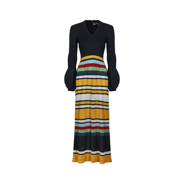 ARCHIVE - 1970s Jersey Masters Metallic Knit Bell Sleeve Maxi Dress