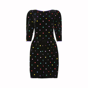1980s Caroline Charles Silk Velvet Polka Dot Dress