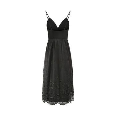 1980s Frank Usher Black Jersey and Lace Slip Dress