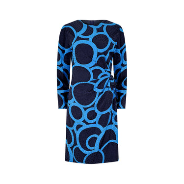 1980s Louis Feraud Navy and Turquoise Jacquard Silk Dress
