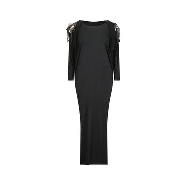1980s Black Silk Jersey Batwing Dress with Leather Applique