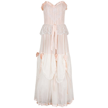 ARCHIVE - 1970s Andrea Wilkin Cream Silk and Peach Ribbon Polonaise Dress