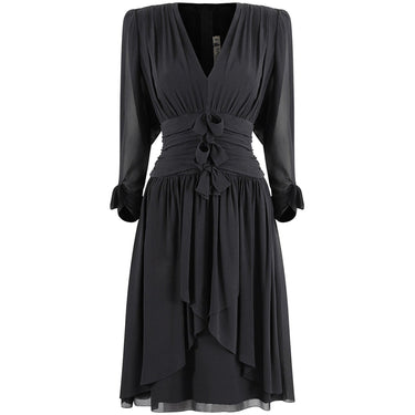 ARCHIVE - 1980s Lanvin Black Silk Chiffon Pleated Dress With Bow Embellishment