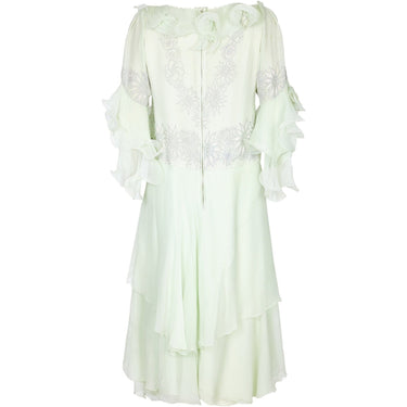 1980s Zandra Rhodes Pale Green Couture Silk Chiffon Dress