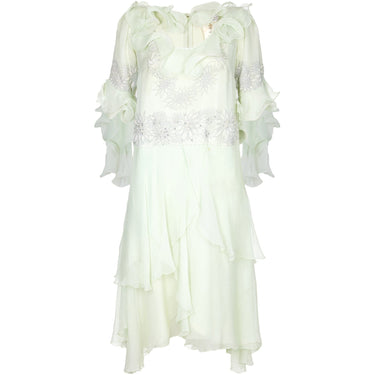 1980s Zandra Rhodes Pale Green Couture Silk Chiffon Dress