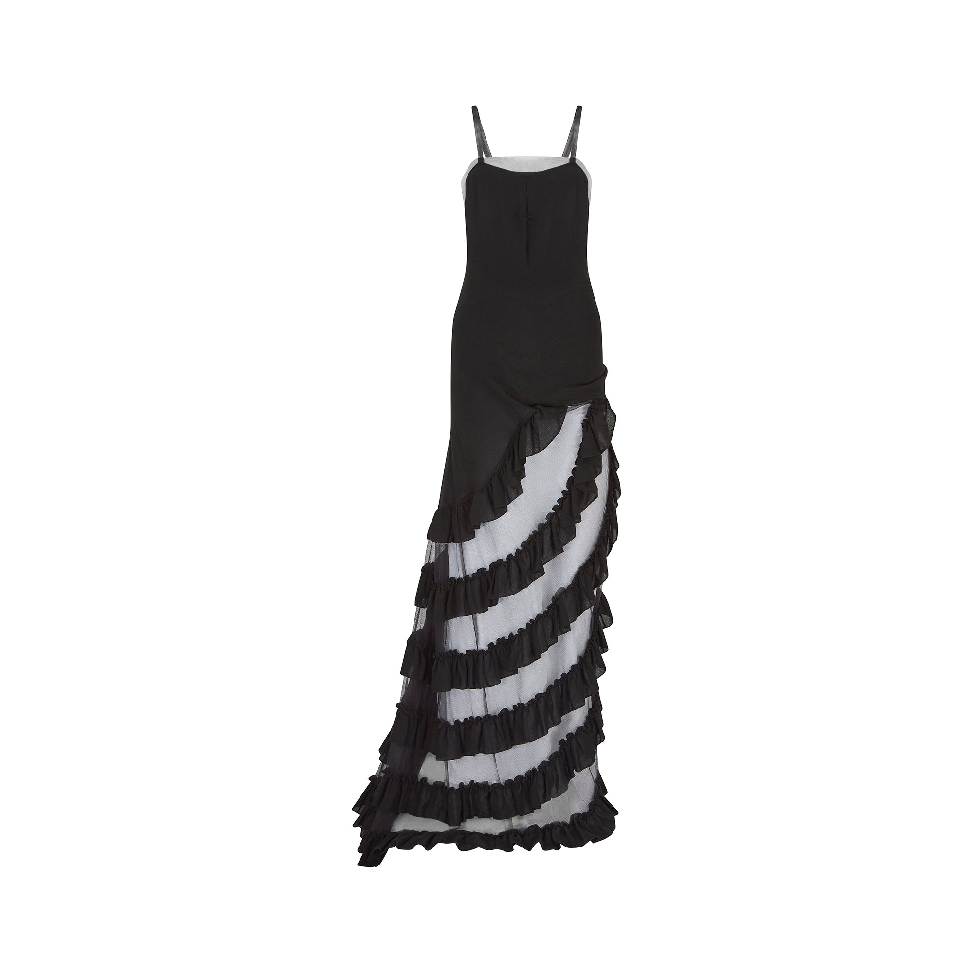 ARCHIVE - 1990s Alexander McQueen Black Crepe and Tulle Evening Dress CIRCA VINTAGE ARCHIVE - 1990s Alexander McQueen Black Crepe and Tulle Evening Dress CIRCA VINTAGE