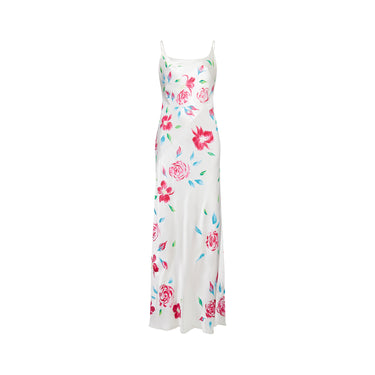 ARCHIVE - 1990s Rachel Robarts Hand-Painted Rose Print Bias Cut Satin Dress