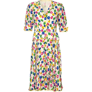 1990s Couture Silk Floral Rose Print Dress and Jacket Suit