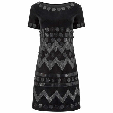 1990s Moschino Black Velvet Dress With Novelty Vinyl Appliques