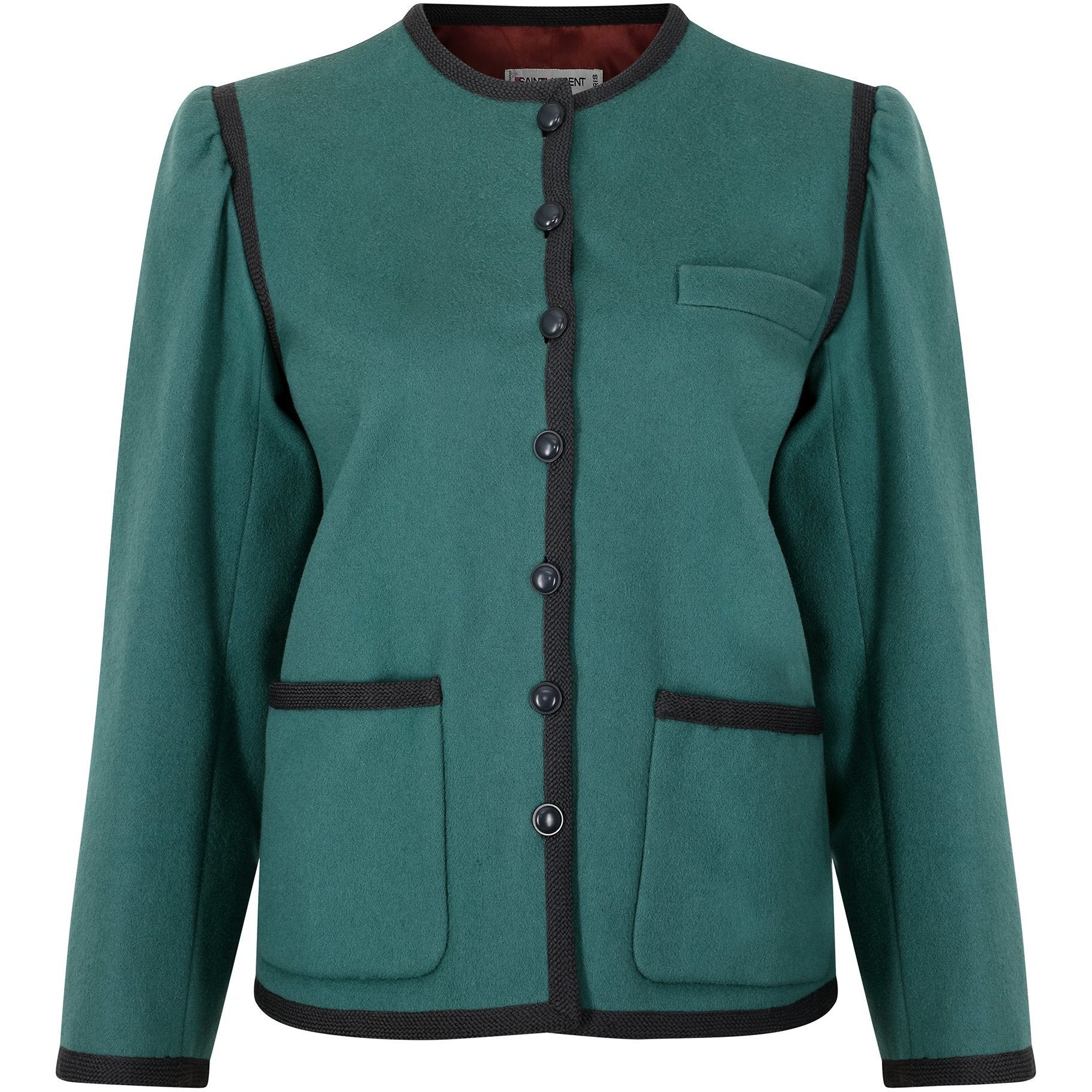 1990s Yves Saint Laurent Green Wool and Black Trim Jacket