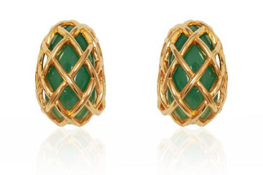 ARCHIVE - 1990s Kenneth Jay Lane Jade and Gold Basket Weave Earrings