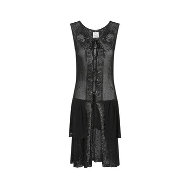 ARCHIVE - Y2K Chanel Sleeveless Black Floral Fine Knitted Buttoned Dress