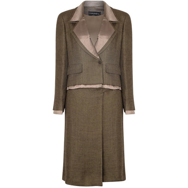 1999 Chanel Green Brown Tweed and Silk Three Piece Suit