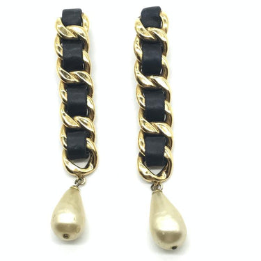 ARCHIVE - 1990s Chanel Long Black Leather and Chain Earrings