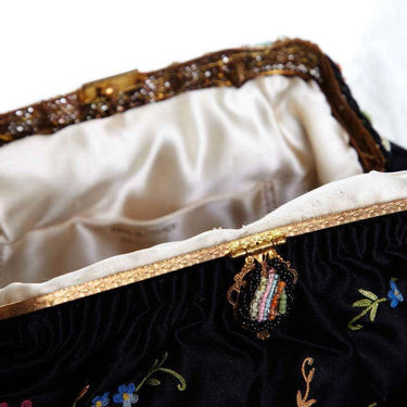 ARCHIVE - 1920s French Black Silk Bag With Floral Embroidery & Hand Beadwork Frame