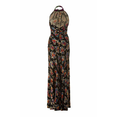 ARCHIVE - 1930s Black Bias Cut Liquid Satin Novelty Musical Print Halterneck Dress