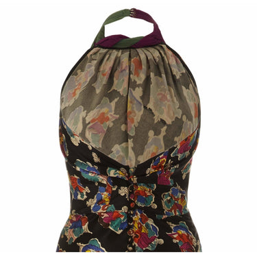 ARCHIVE - 1930s Black Bias Cut Liquid Satin Novelty Musical Print Halterneck Dress