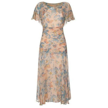 ARCHIVE - 1930s Blue and Apricot Dress with Capelet