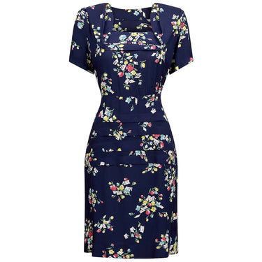 ARCHIVE - 1940s Navy Blue Rayon Dress With Floral Novelty Print