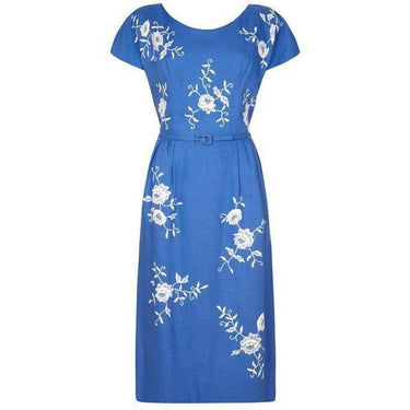ARCHIVE - 1950s Blue Linen Dress With White Lace Applique