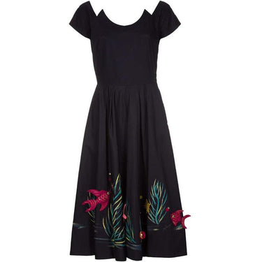 ARCHIVE - 1950s Marjorie Montgomery Black Novelty 3D Hand Painted Fish Print Dress
