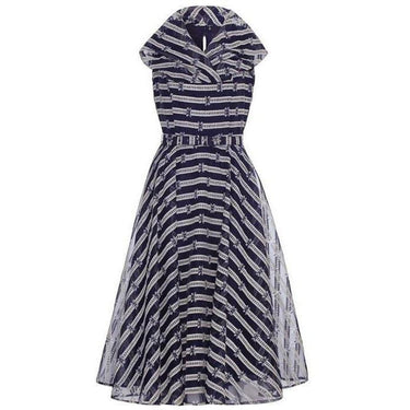 ARCHIVE - 1950s Navy and White Striped Dress with Bow Pattern