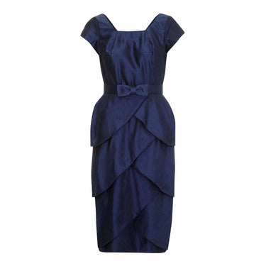 ARCHIVE - 1950s Navy Silk Dress With Tiered Petal Skirt And Peplum Waistband
