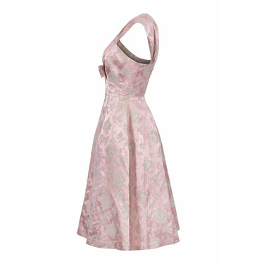 ARCHIVE - 1950s Pale Pink and Gold Brocade Rose Print Couture Dress With Bow