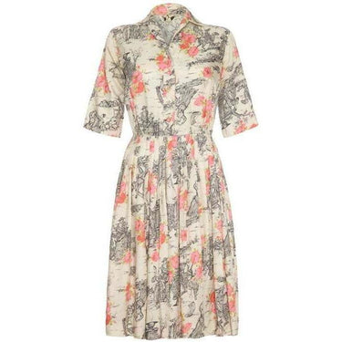 ARCHIVE - 1950s Silk Day Dress with Floral and Country Scene Print