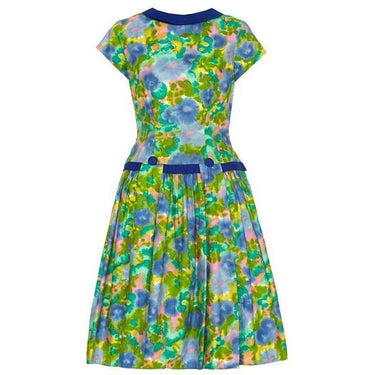 ARCHIVE - 1950s Watercolour Print Dress with Blue Trim