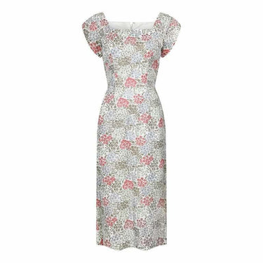 ARCHIVE - 1950s White Velvet Embossed Floral Print Dress