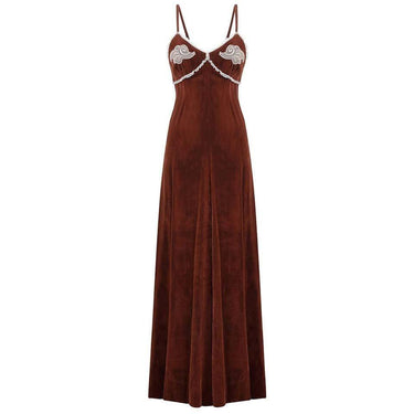 ARCHIVE - 1970s Biba Chestnut Brown Velvet Maxi Dress With Lace Embellishments