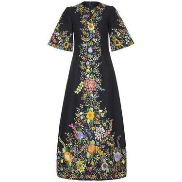 ARCHIVE - 1970s Black Linen Dress with Raffia Embroidery