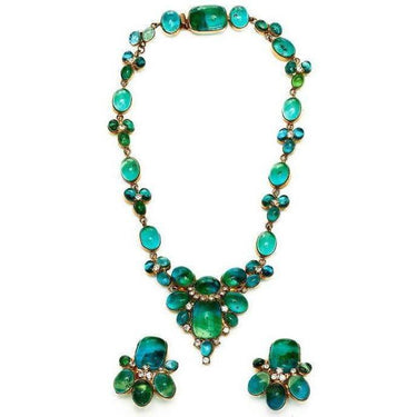 ARCHIVE - 1970s Haute Couture Chanel Green Gripoix Glass + Rhinestone Necklace Earrings Set