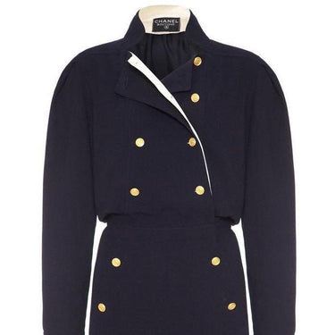 ARCHIVE - 1980s Navy Crepe Chanel Dress with Gold Buttons