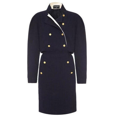 ARCHIVE - 1980s Navy Crepe Chanel Dress with Gold Buttons